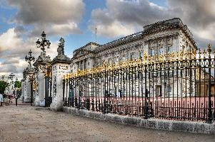 Buckingham Palace in London, viewed through railings, royal, grand, barred, railings, palace, buckingham, london, summer, britain, monarchy, england, tourism, europe, protected